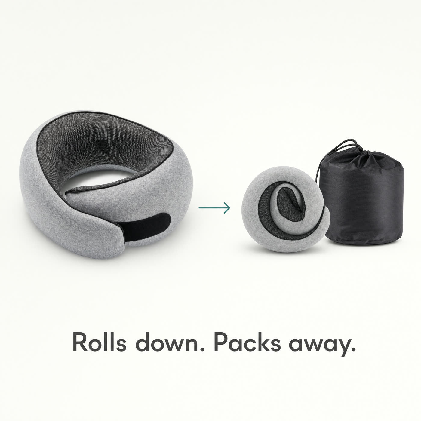 The wrap pillow worn, and rolled down into its drawstring pouch