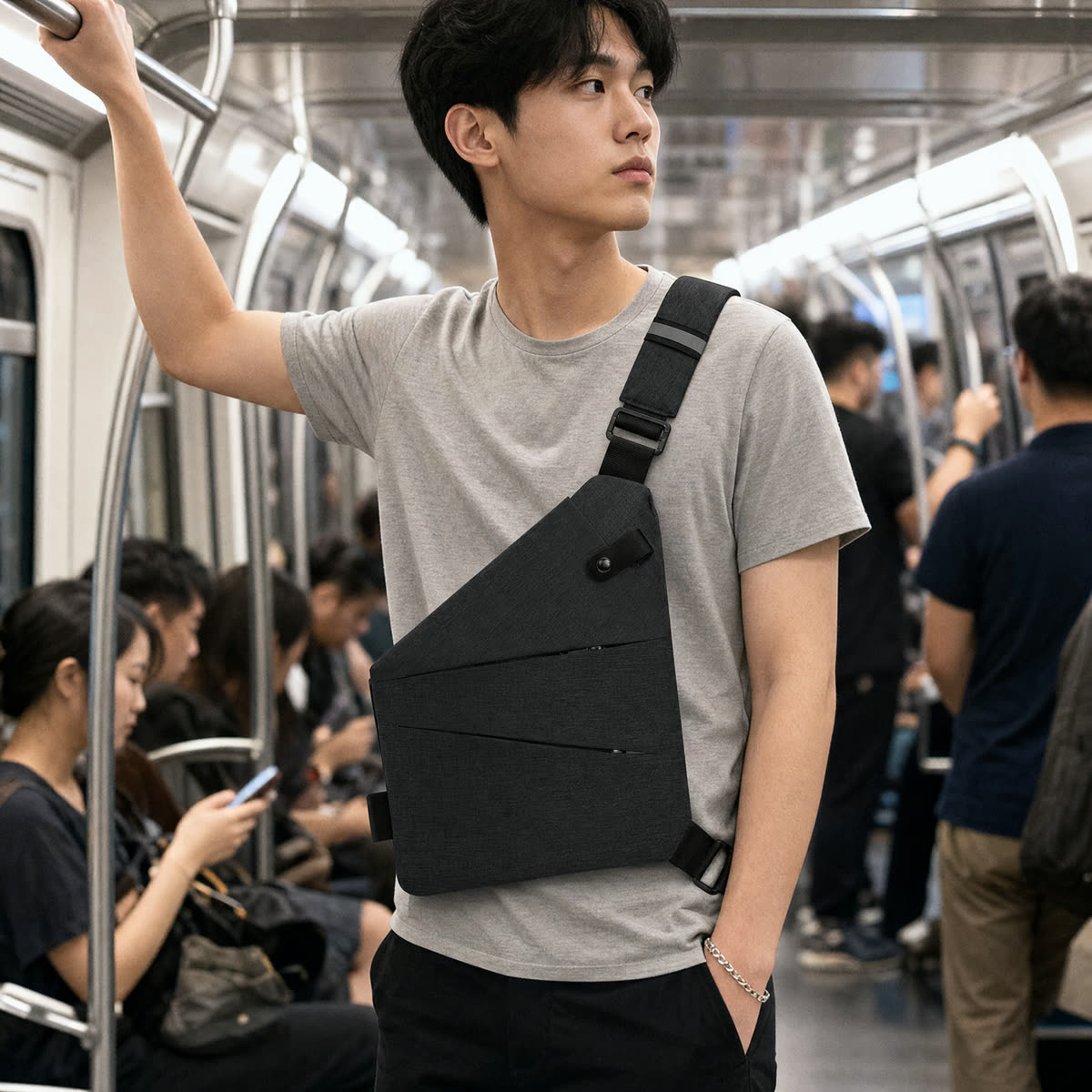 Commuter wearing the Novalint sling in front on a metro train